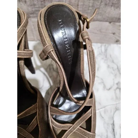 Burberry Wood Linen Leather Platform Heels 9 EU 40 - Picture 3 of 6